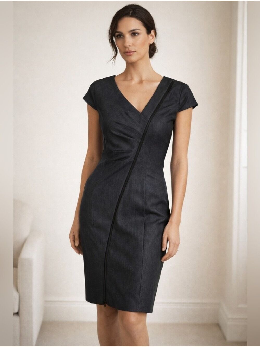 Calvin Klein Careerwear Business Assymmetrical zip-up Sheath Dress Chambray. 2